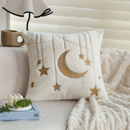 Quadratischer Kunstfell-Kissenbezug mit goldgesticktem Mond-und-Stern-Design und softem Innenfutter Brehn
