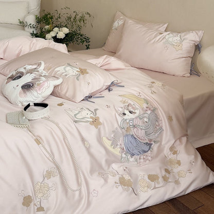 Exklusive Satin-Bettwäschegarnitur mit detailreicher Stickerei Katzen- und Mondmotiv