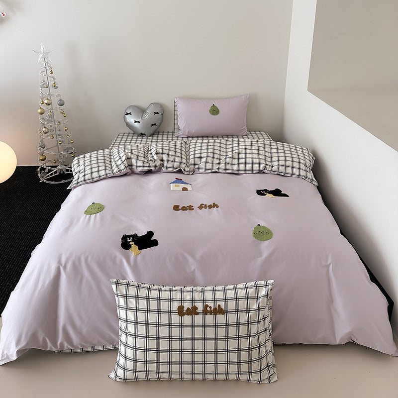 Besticktes Bunny Baumwollsatin Bettbezug-Set mit Gingham Kissenbezügen