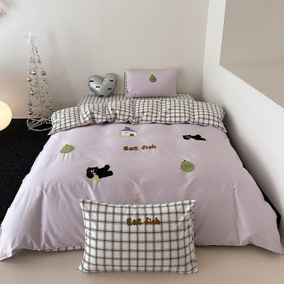 Besticktes Bunny Baumwollsatin Bettbezug-Set mit Gingham Kissenbezügen