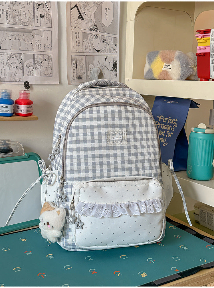 Niedlicher kariert gemusterter Mehrfach-Taschen-Schulrucksack