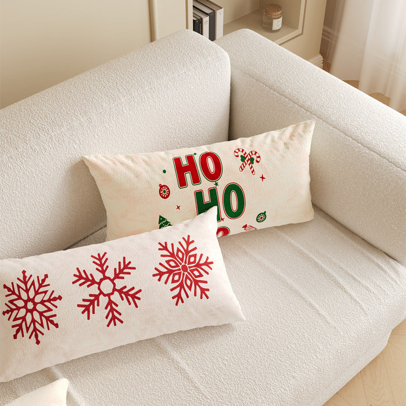 Rectangular Festive Lumbar Pillow Cover with Merry Christmas Typographic Print and Reindeer Antler Accent