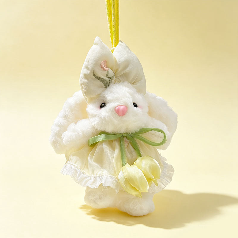 Plüsch Hase Taschenanhänger Schlüsselanhänger mit dekorativem Bogen und floralem Kleid Brehn