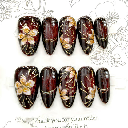 Premium floral-verzierte Press-On Nägel