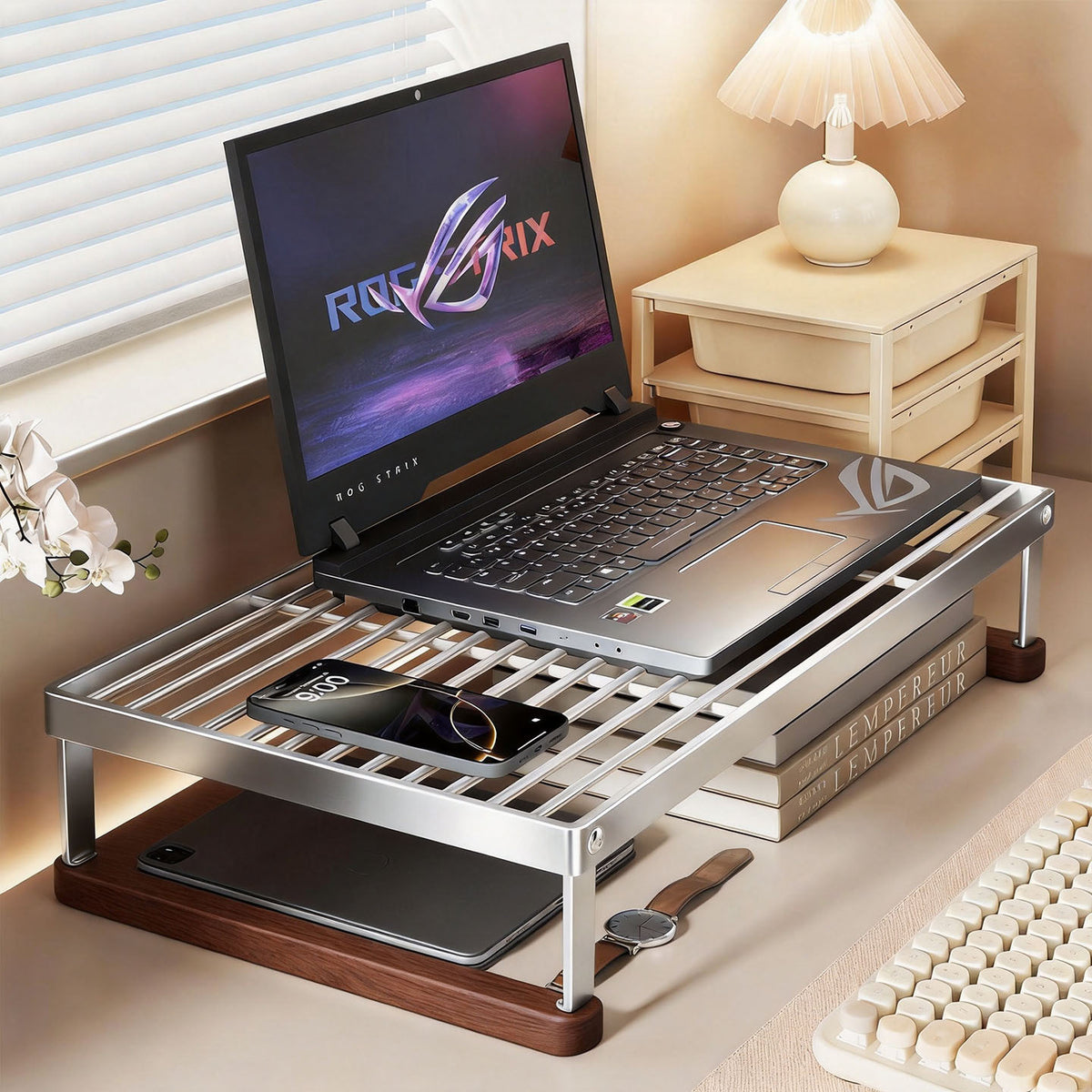 Belüftetes Metallgitter Laptop- und Monitorständer mit unterem Stauraumregal