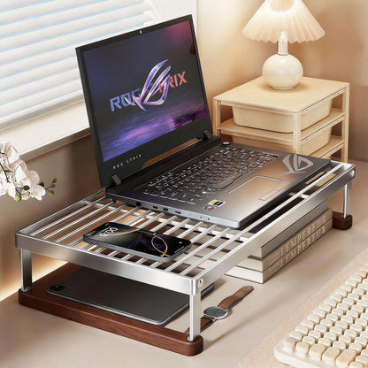 Belüftetes Metallgitter Laptop- und Monitorständer mit unterem Stauraumregal