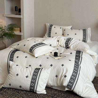 Handgestickte Boho Baumwoll-Leinen Bettdeckenbezug-Set mit dekorativem Rand und Umschlag-Kissenbezügen