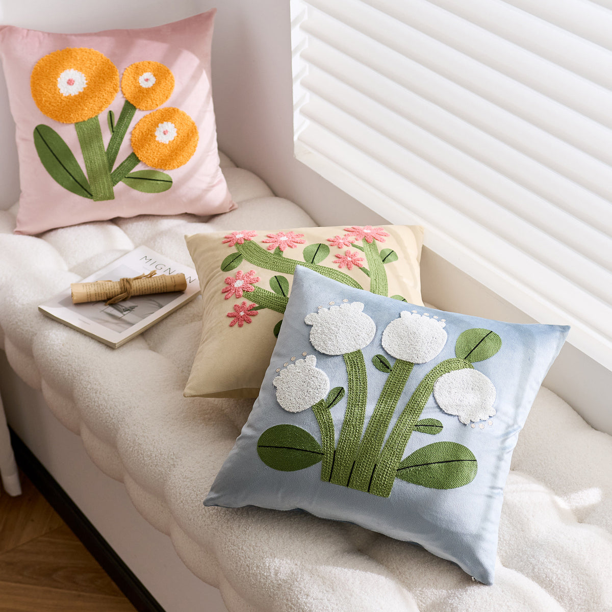 Quadratisches Samt Tufted Floral Chenille Applikationskissenbezug