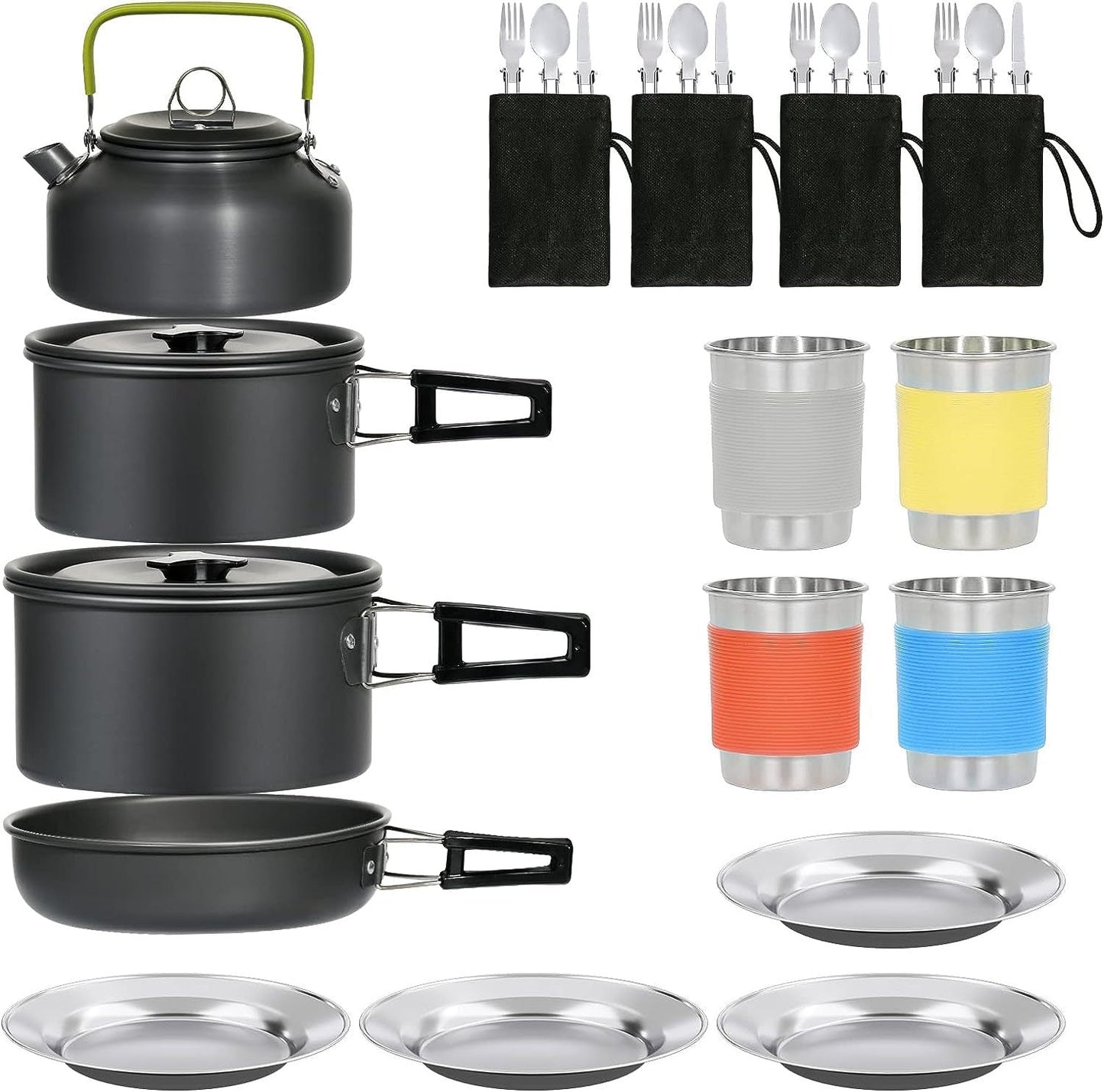 kompakte stapelbare anodisierte Aluminium-Campinggeschirrset mit Wasserkocher, antihaftbeschichteten Töpfen, Bratpfanne, faltbarem Waschbecken, Edelstahlplatten, Tassen Brehn