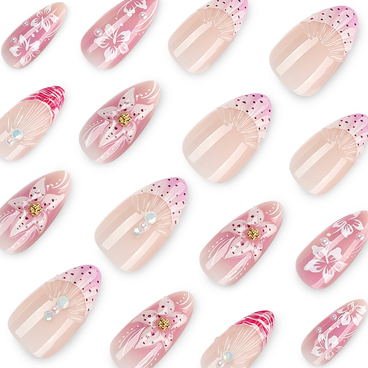 Kunstvolle Nagelverlängerungen mit floralen und glitzernden Akzenten Brehn