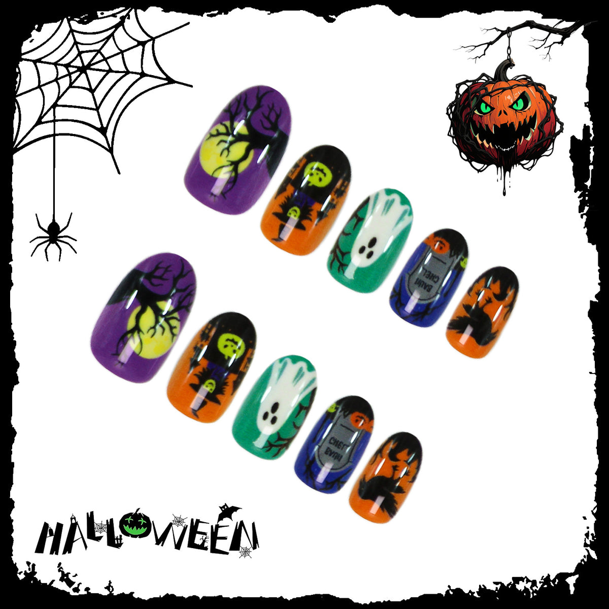 Halloween Kunstnagelset mit gruseligem Geister-, Kürbis- und Spinnenmuster Brehn