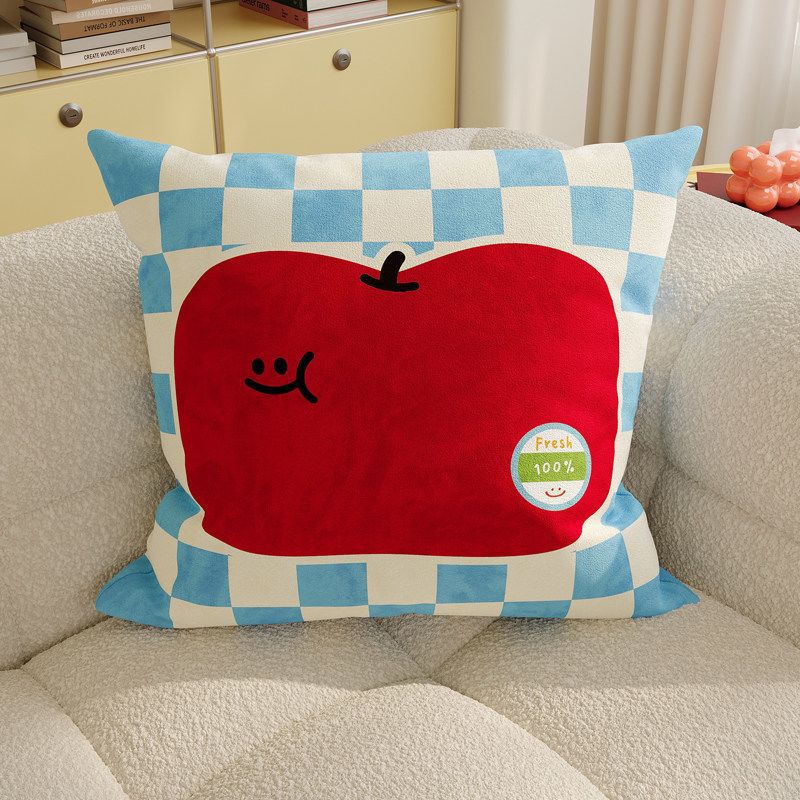 Plush Square Decorative Cushion with Cartoon Carrot Print and Checkerboard Backing