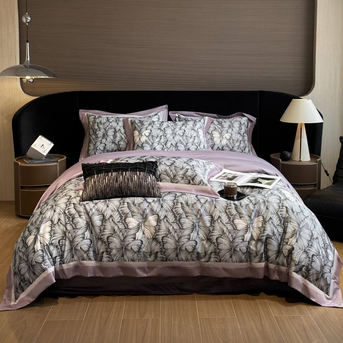 Schmetterlingsdruck Baumwollsatin Bettbezug Set mit Kontrastbordüre
