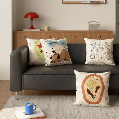 Decorative Square Cotton-Linen Throw Pillow Cover with Quilted Botanical Medallion