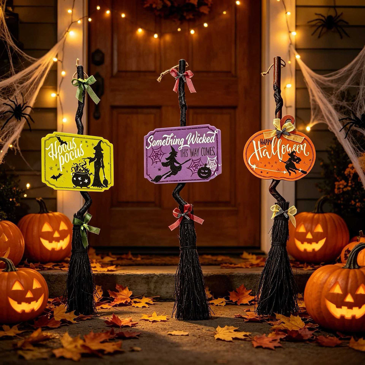 Hängender Halloween-Dekobesenanhänger mit gewundenem Stiel und 'Hocus Pocus' Schild
