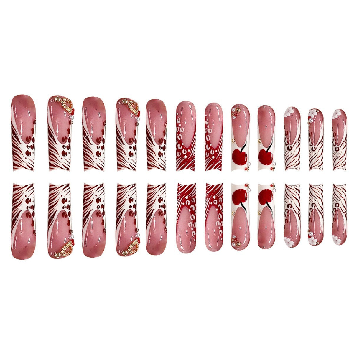 Dekorative Lange Press-On Nagelkunst mit Edelsteinakzenten Brehn