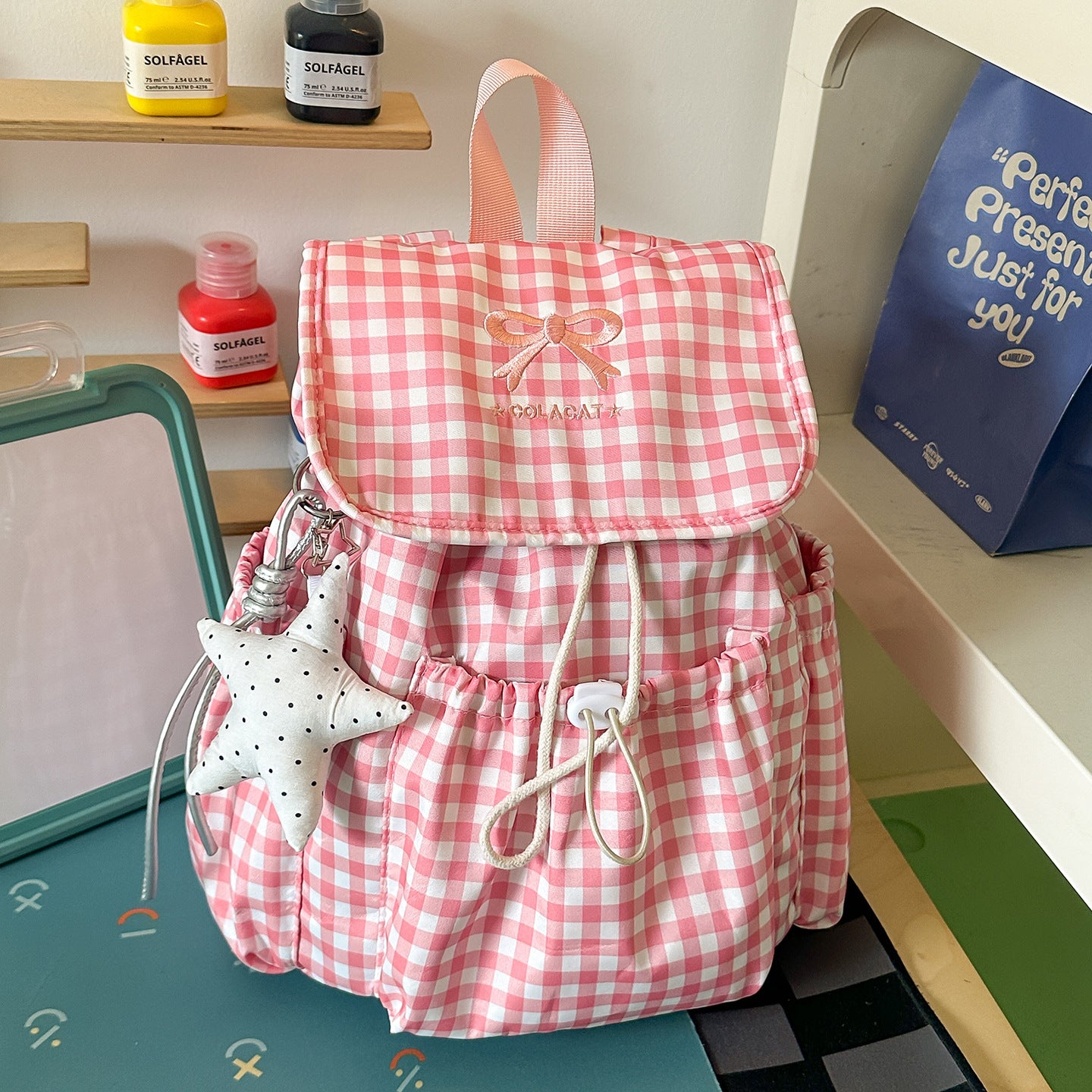 Charmanter Kariert Zugbeutel-Schul-Rucksack
