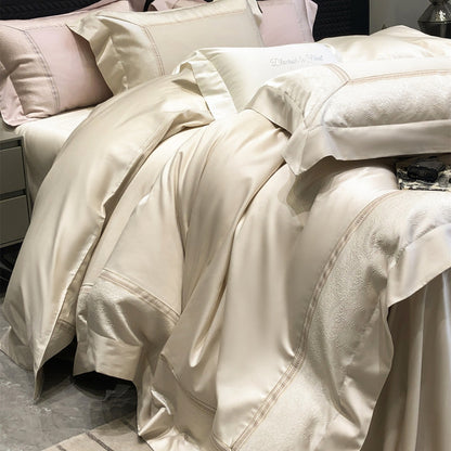 Seidene Mikrosatin-Jacquard Bettbezug-Set mit Hemstitched Rand und Eckenbändern