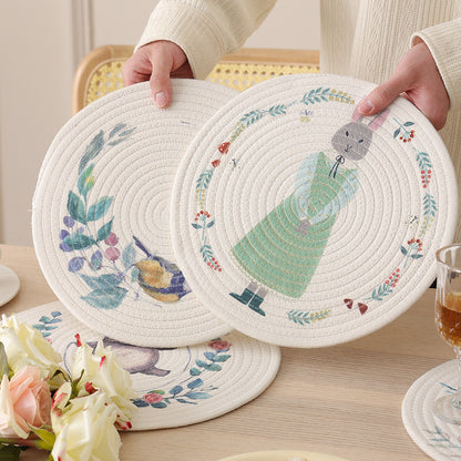 Rundes Tischset aus gewebter Baumwolle mit niedlicher Nashorn-Illustration und floralem Kranz Brehn