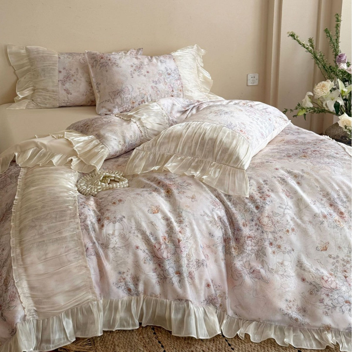 Romantische Bettwäsche-Garnitur aus Baumwollsatin mit floralem Vintage-Print und plissierten Volants Brehn