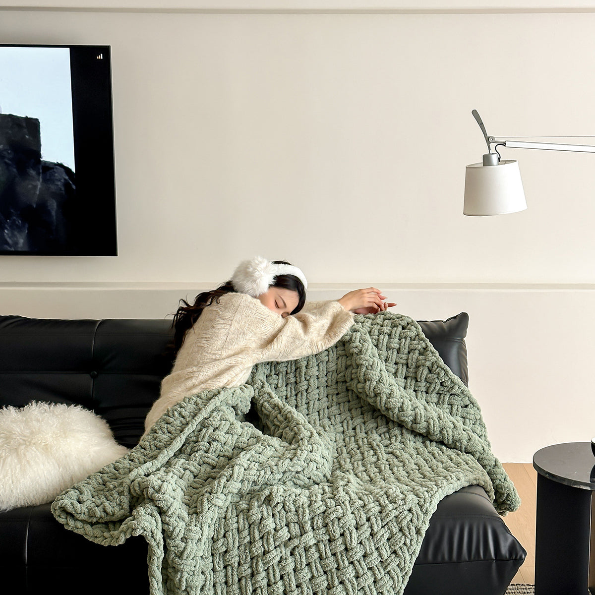 Handgearbeitetes Chunky-Strick Übergröße Wurfdecke mit geflochtenem Offengewebe-Textur
