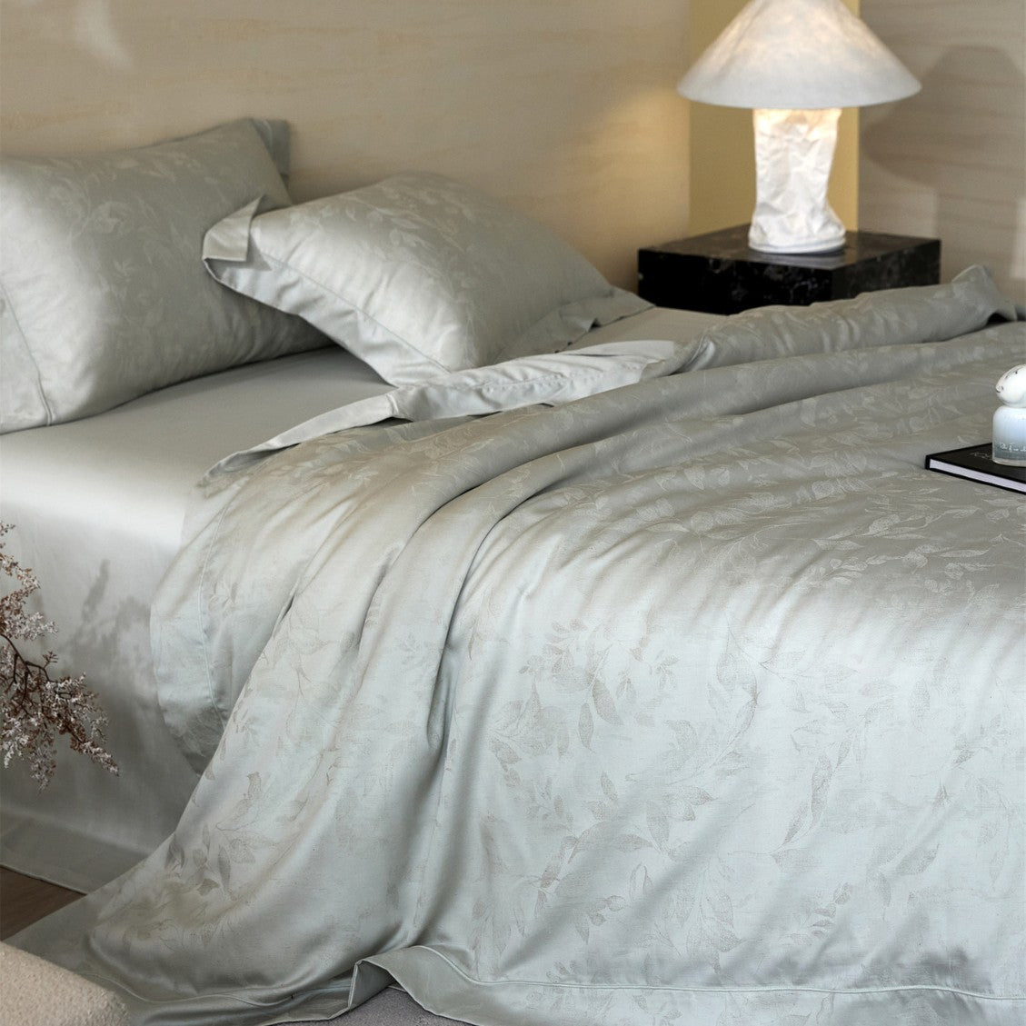 Luxus Jacquard Blattmuster Sateen Bettwäsche-Set mit verdezippertem Reißverschluss