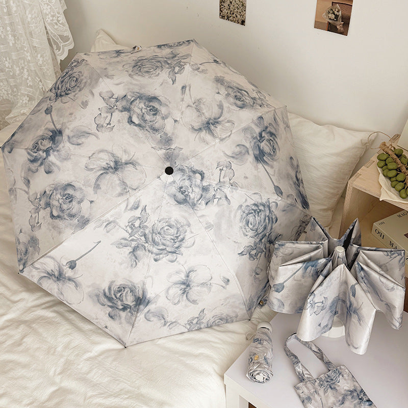 Damen Faltbarer Regenschirm mit floralen Motiven und Tragetasche Brehn