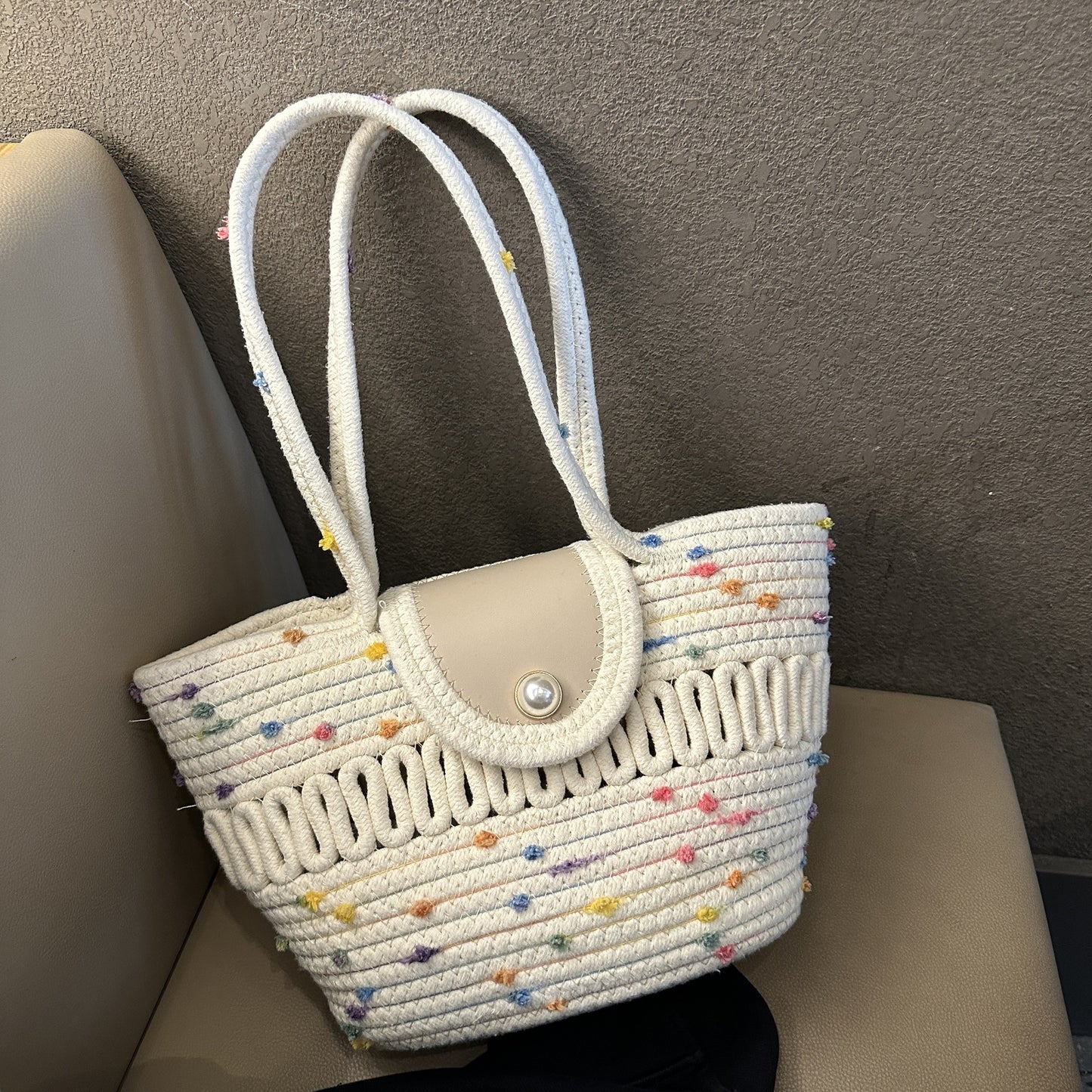 Damen Modische Handtasche mit buntem Baumwollgeflecht Brehn