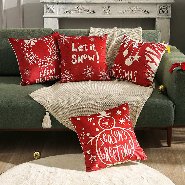 Festliches Samt Quadratisches Kissenbezug mit Schneemann Saisonaler Schrift
