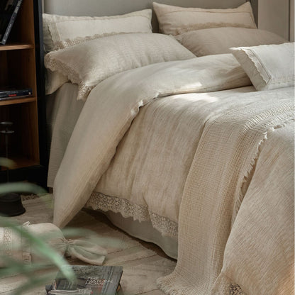 Gecoat Leinen-Mischung Gaze Bettbezug Set mit Häkelspitze und gebundenem Bolster