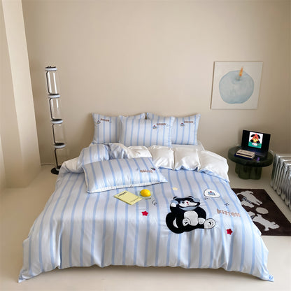 Gestreiftes Besticktes Satin Bettwäsche Set