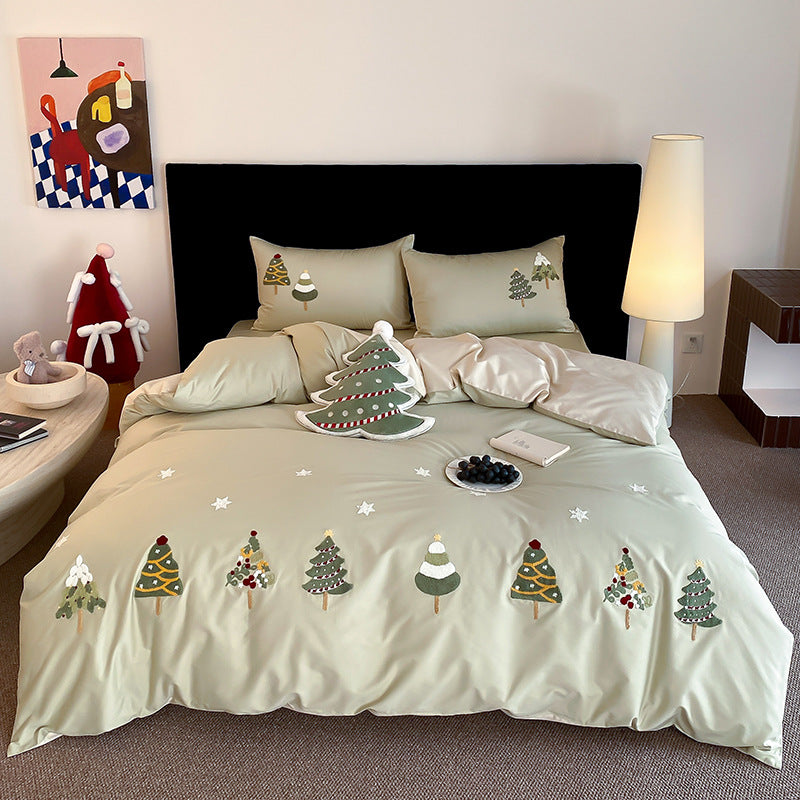 Bestickte Weihnachtsbaum Baumwollsatin Bettbezug Set