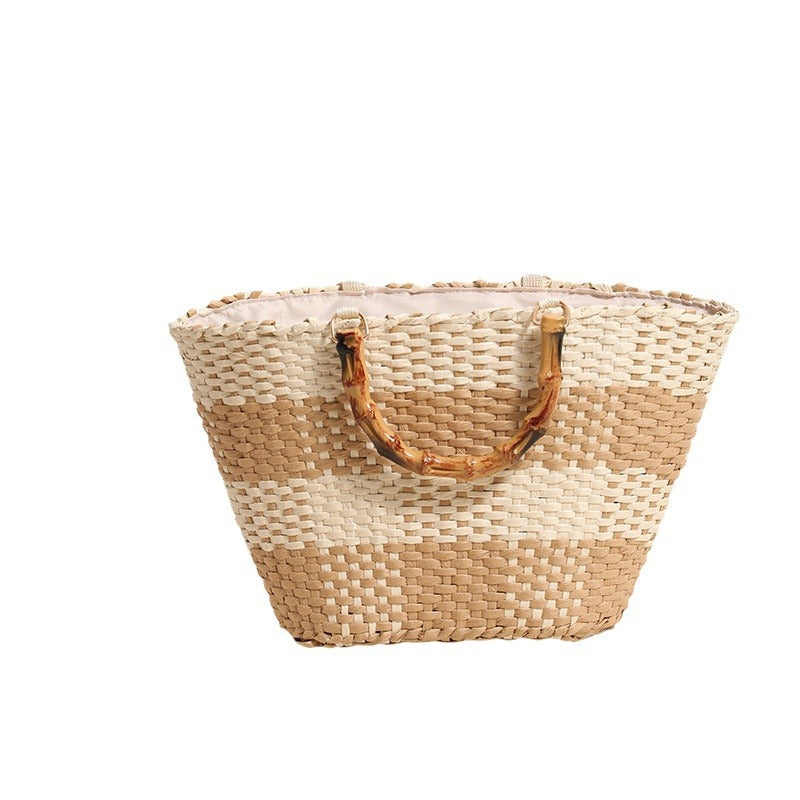 Geflochtene Basttasche mit Bambusgriff und Dekorativem Futter Brehn