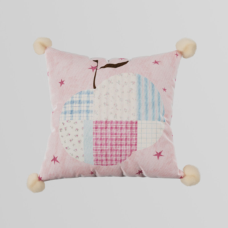 Patchwork Pear Appliqué Decorative Throw Pillow with Pom-Pom Corners