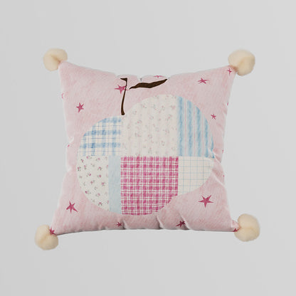 Patchwork Pear Appliqué Decorative Throw Pillow with Pom-Pom Corners