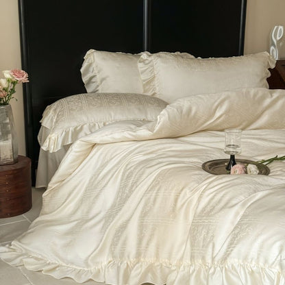 Luxuriöses Jacquard-Satin-Bettwäscheset mit Volant-Kissenbezügen