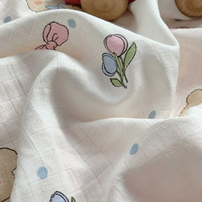 Baby Musselin Kissen Set mit Bärenmotiv & weichem Gaze-Rüschensamt