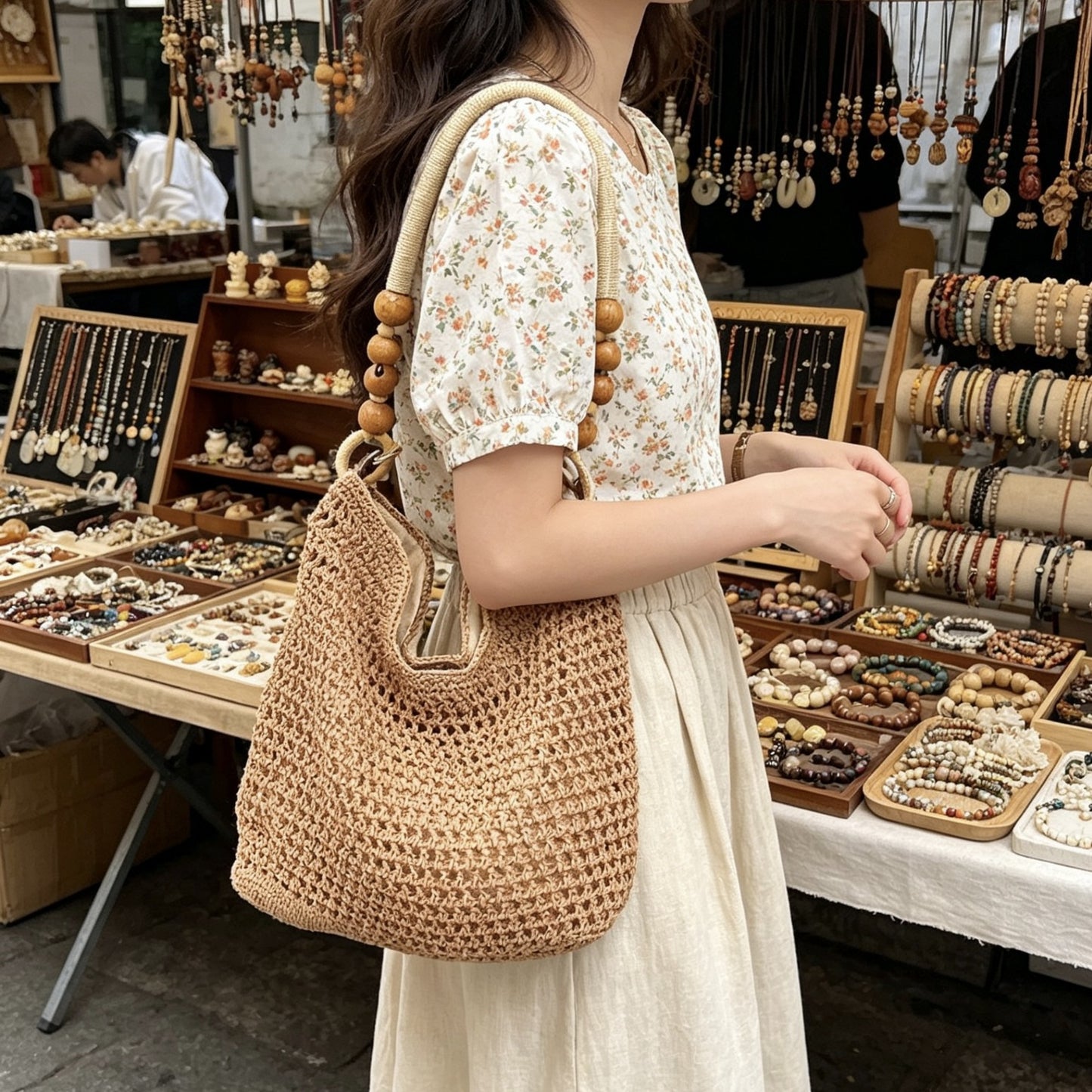 Handgeknüpfte Makramee-Tasche mit Holzgriffen Brehn