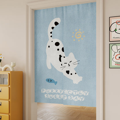 Split Noren Doorway Curtain with Cat-on-Sofa Illustration and Playful Yarn Motif