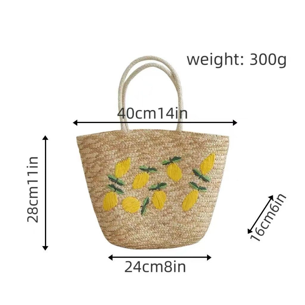 Geräumige Strohtasche mit Zitronenstickerei Brehn