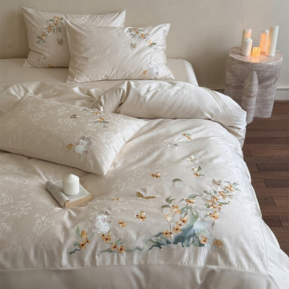 Besticktes florales Satin-Effekt Bettbezug-Set mit Jacquard-Motiv