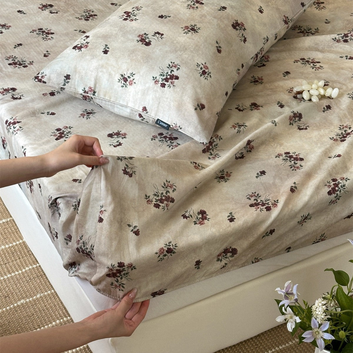 Bedrucktes Baumwoll-Percale Spannbettlaken und Kissenbezug Set