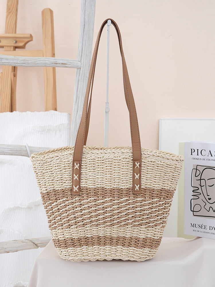 Handgewebte Strandtasche mit Ledergriffen Brehn