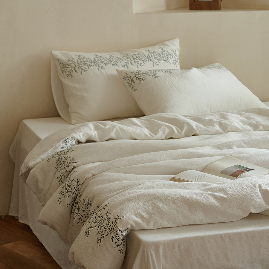 Bestickte Leinen-Baumwoll Bettbezug Set mit botanischem Rand