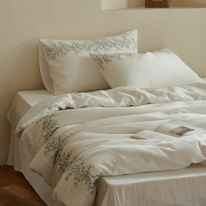 Bestickte Leinen-Baumwoll Bettbezug Set mit botanischem Rand