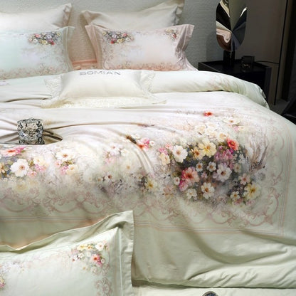 Luxuriöses Floral-Mikrofaser-Satin-Bettbezug-Set mit wendbaren dekorativen Kissenbezügen