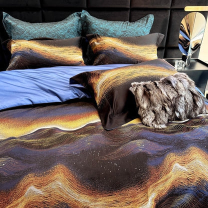 Premium Abstract Wave-Print Baumwollsatin Bettbezug Set mit Wendbarem Einfarbigem Rücken