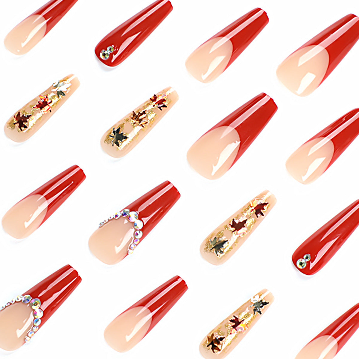 Glamouröse Acryl-Nägel mit Blätter-Design und Glitzerakzenten Brehn