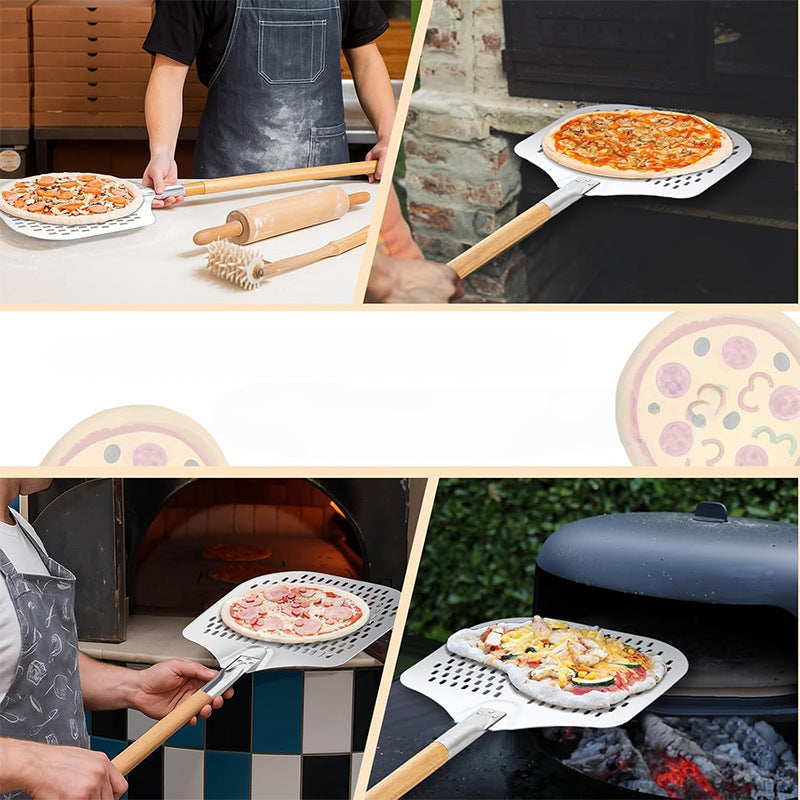 lange Griffe perforierte Pizzaschaufel Set mit Holzgriff Edelstahl Schneider und Dreieckserver Brehn
