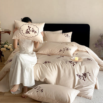 Bestickte florale gewellte Bordüre Baumwollsatin Bettbezug Bettwäsche Set